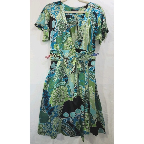 Banana Republic Silk Wrap Dress V-Neck Boho Floral Print Green Blue Womens  12 - Picture 14 of 16